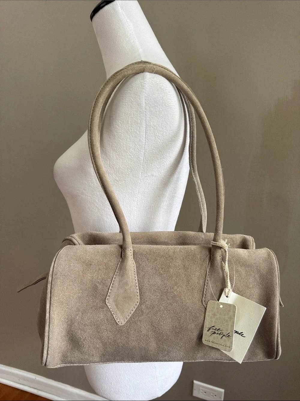 Free People‎ Sierra Suede Leather Tubular Shoulder Bag Purse in Taupe - NEW